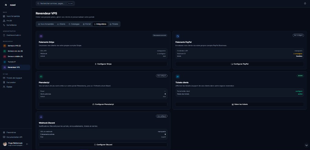 Capture du panel Noxel — onglet Intégrations du module Revendeur VPS avec cartes Stripe, PayPal, Pterodactyl, tickets et Discord.